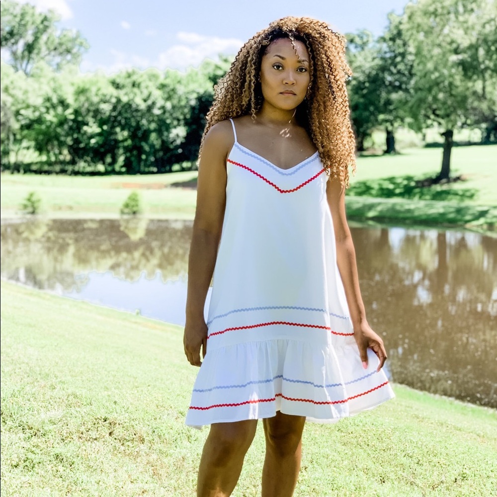 BLUE/RED TRIM DRESS